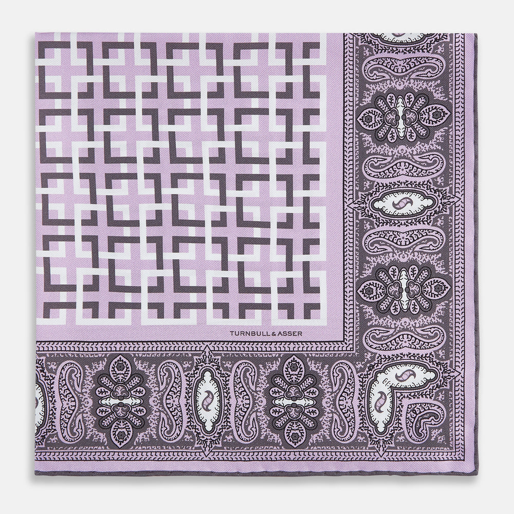 Lilac Square-Patterned and Paisley Patterned Silk Pocket Square OS