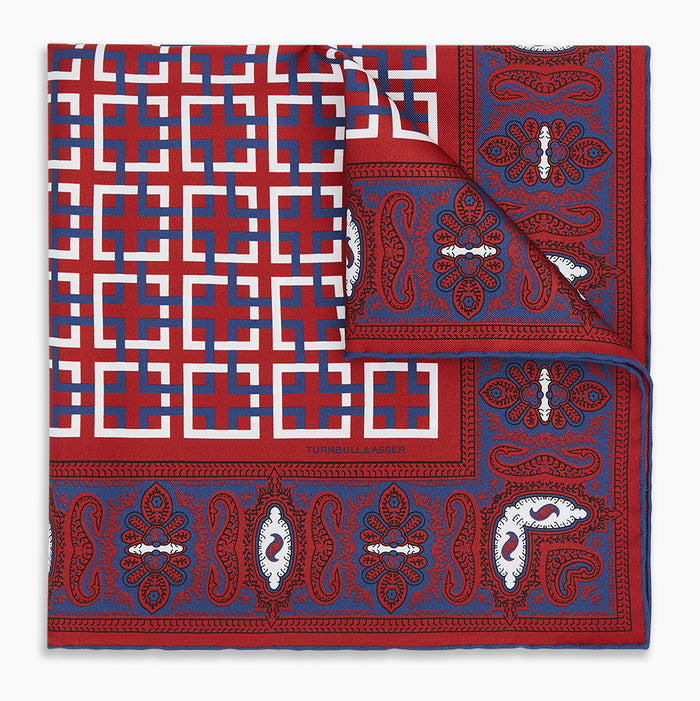 Red Square-Patterned and Paisley Patterned Silk Pocket Square Image 4