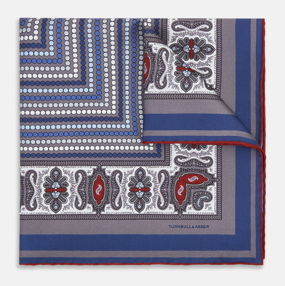 Ash Dots and Paisley Silk Pocket Square OS