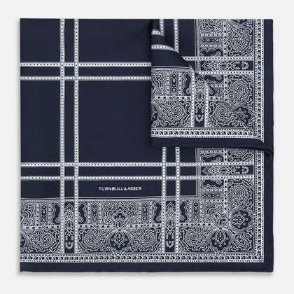 Navy Paisley Bandana Patterned Silk Pocket Square