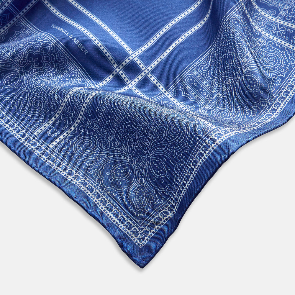 Avio Blue Paisley Bandana Patterned Silk Pocket Square OS