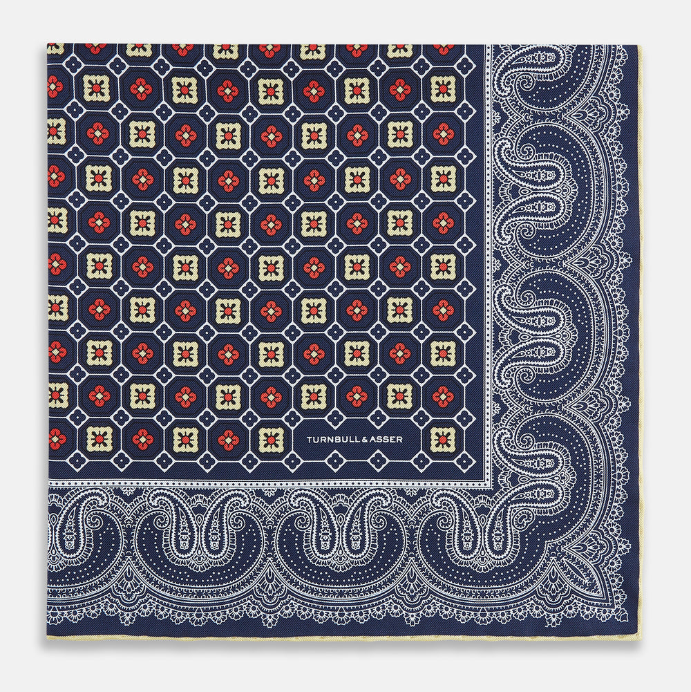 Dark Navy Floral Tile and Paisley Silk Pocket Square OS