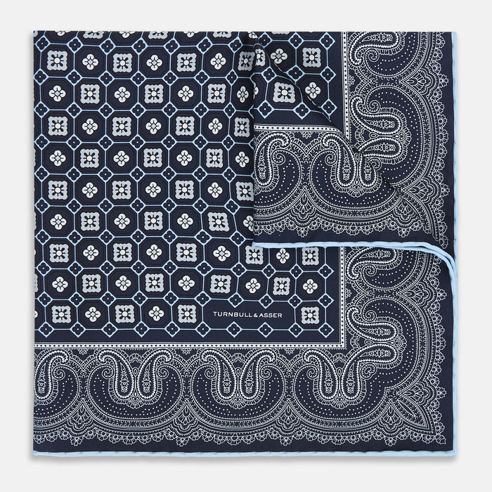 Navy Floral Tile and Paisley Silk Pocket Square