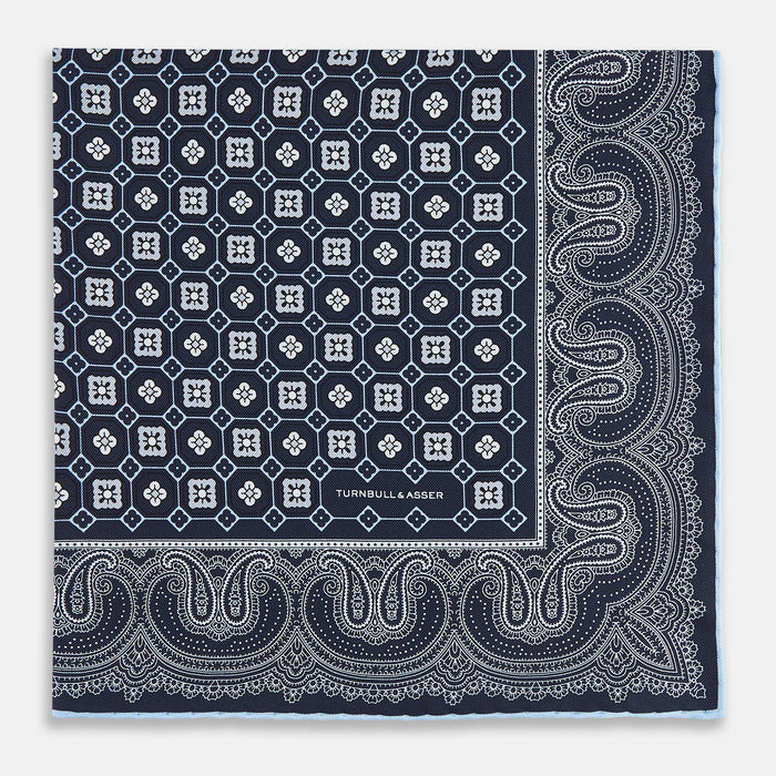 Navy Floral Tile and Paisley Silk Pocket Square Image 2