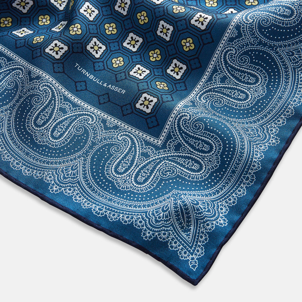 Azzurro Floral Tile and Paisley Silk Pocket Square OS