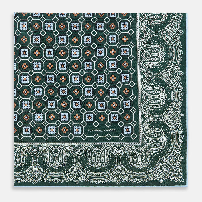 Forest Green Floral Tile and Paisley Silk Pocket Square Image 2