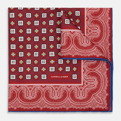 Red Floral Tile and Paisley Silk Pocket Square