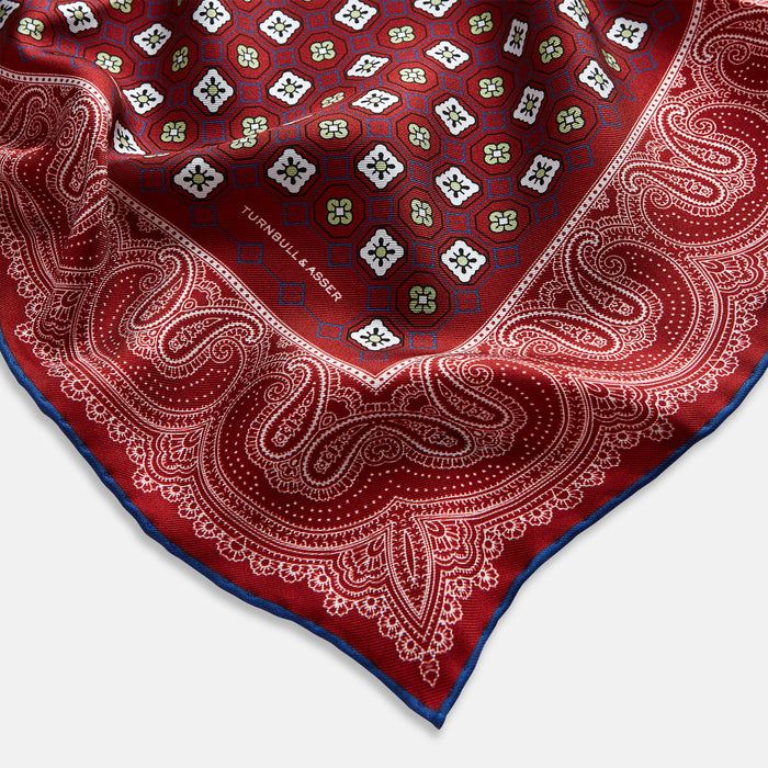 Red Floral Tile and Paisley Silk Pocket Square Image 1