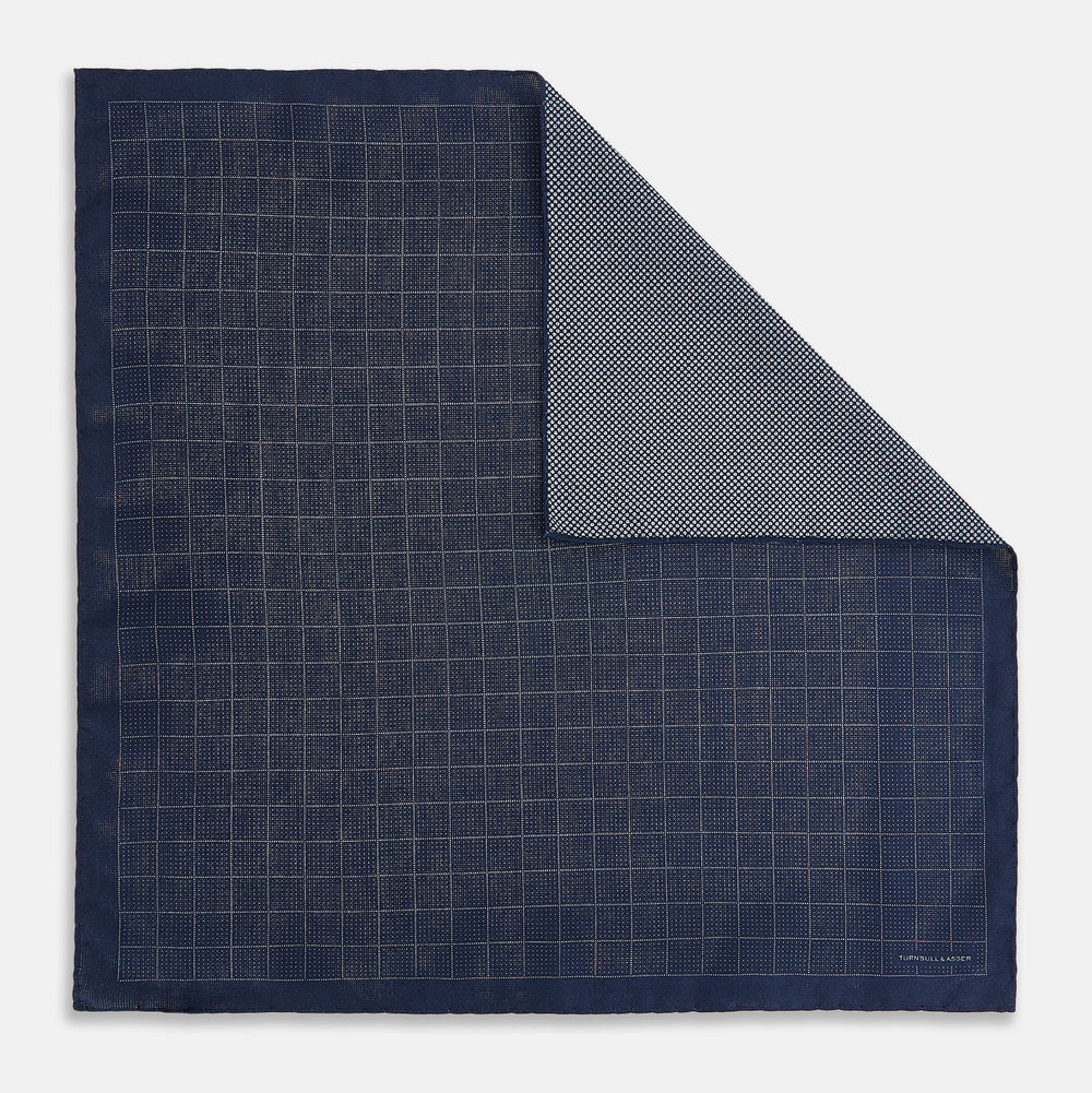 Checked Blue Pocket Square in Silk
