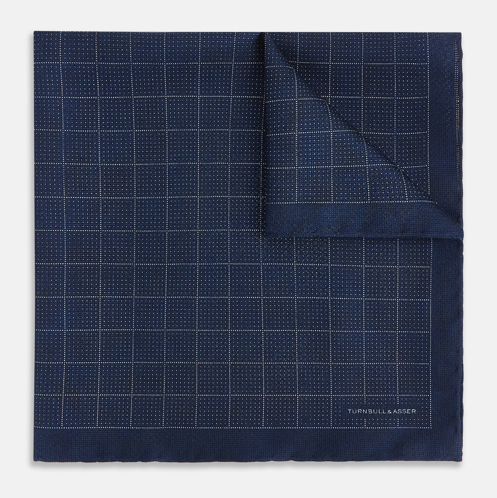 Checked Blue Pocket Square in Silk