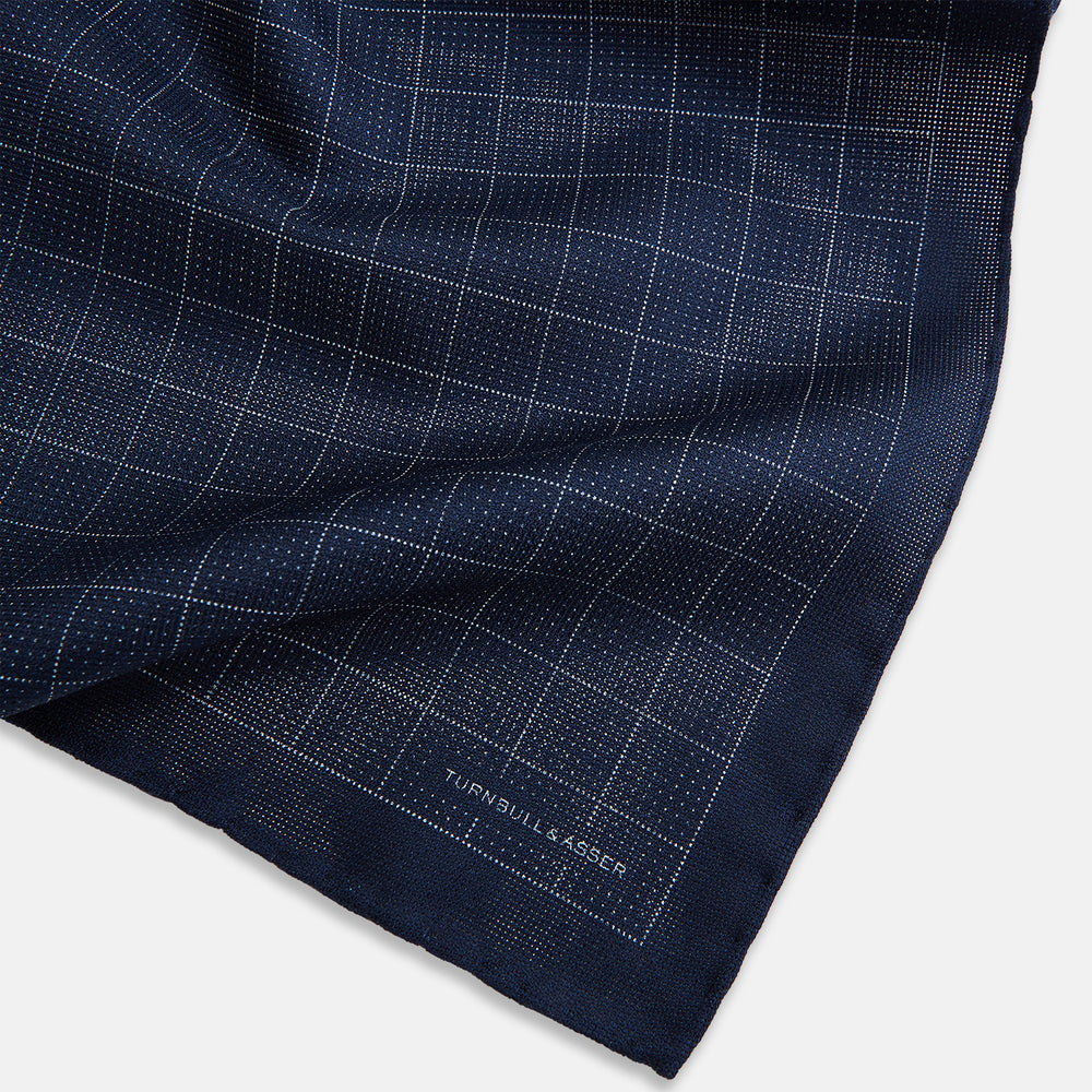 Checked Blue Pocket Square in Silk
