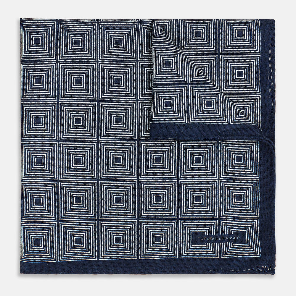 Geometric Navy Tile Pocket Square in Silk