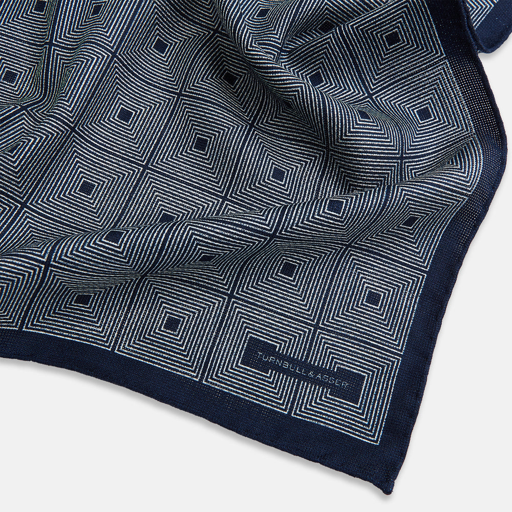 Geometric Navy Tile Pocket Square in Silk