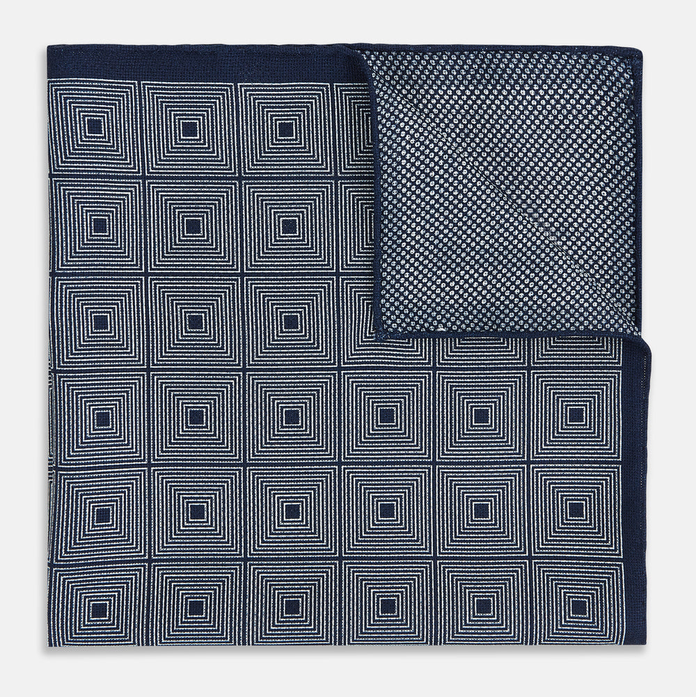 Geometric Navy Tile Pocket Square in Silk