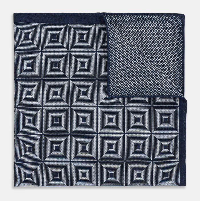 Geometric Navy Tile Pocket Square in Silk