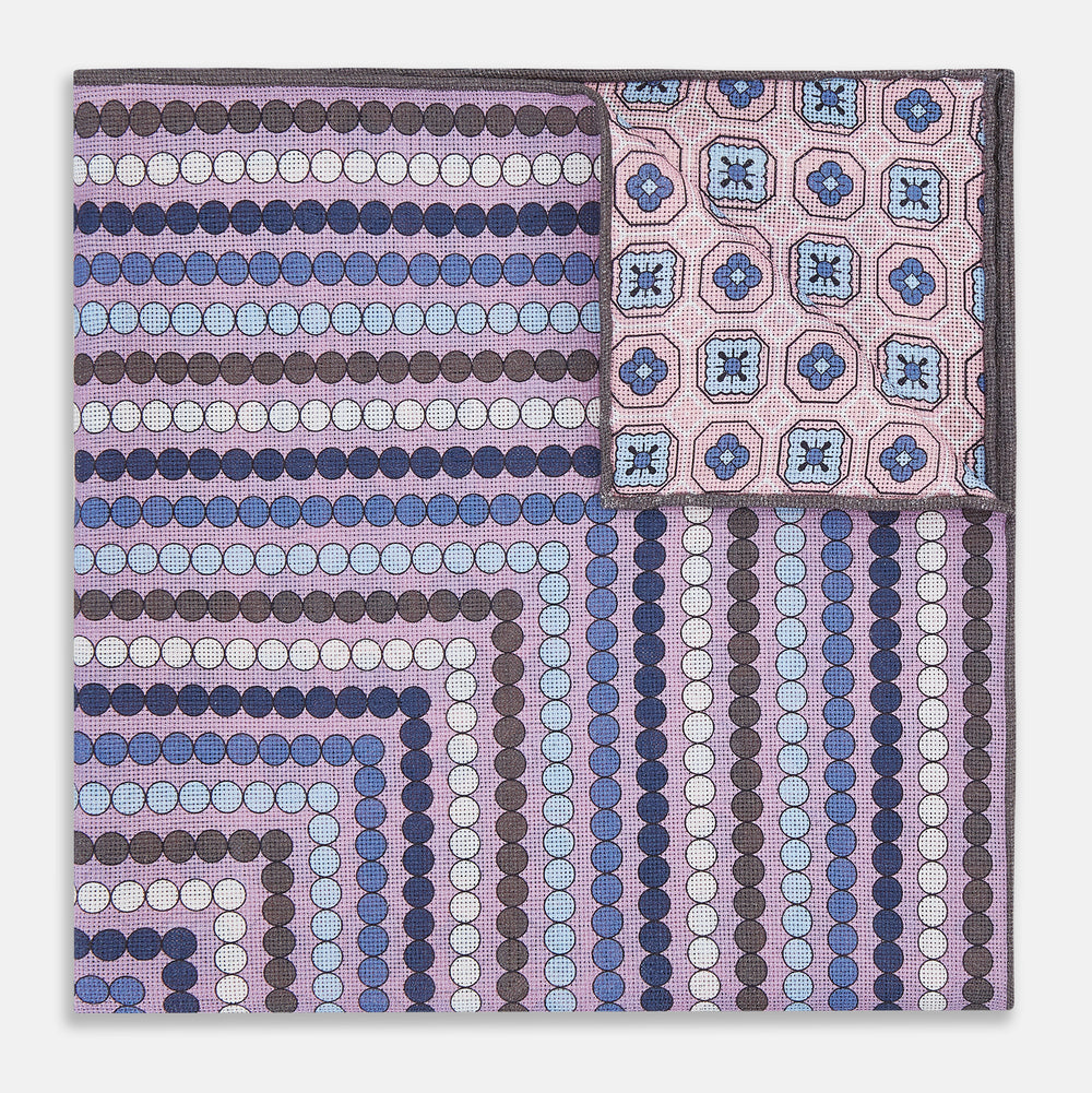 Lilac Dots and Floral Tile Double-Sided Silk Pocket Square OS