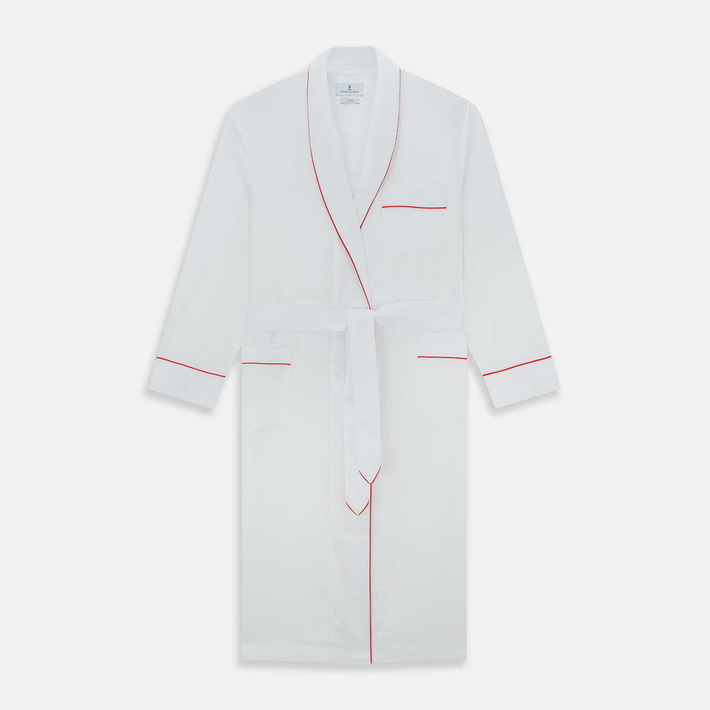 White Piped Herringbone Cotton Gown White Piped Herringbone Cotton Gown