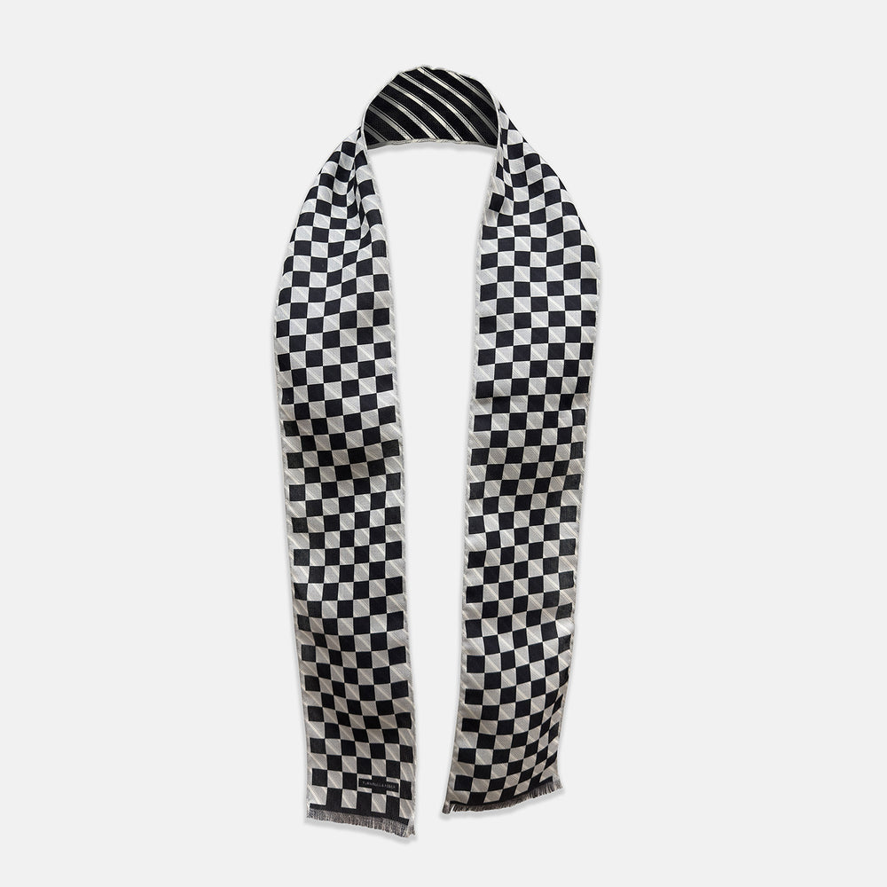 Chequered Navy on White Frame Small Scarf in Silk