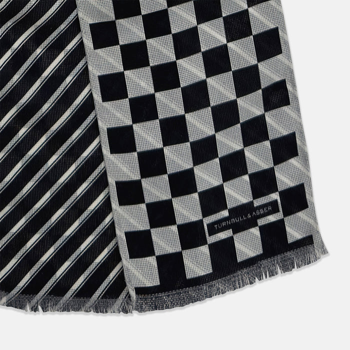 SILK SCARF DOUBLESIDE CHEQUERED WHT WITH NVY/WHT Image 2