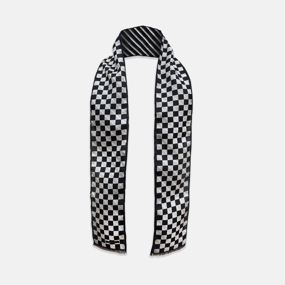 Chequered Navy on Navy Frame Small Scarf in Silk