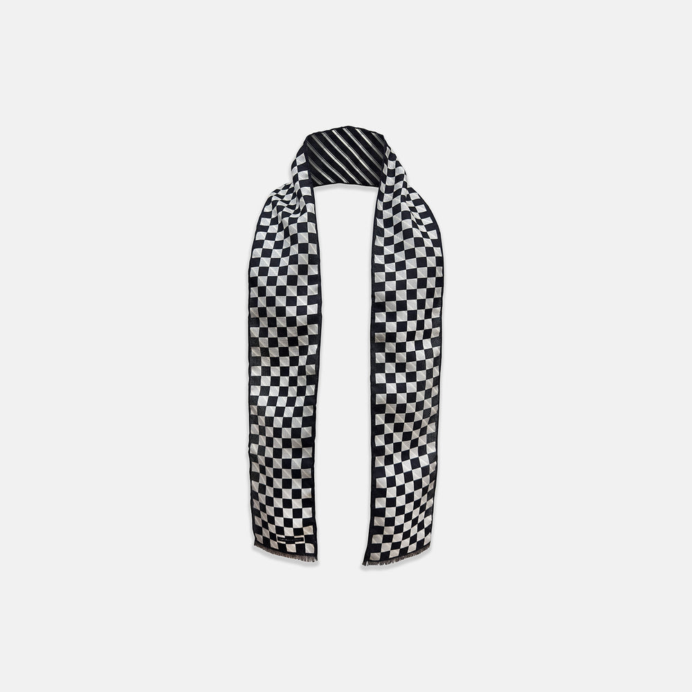Chequered Navy on Navy Frame Small Scarf in Silk