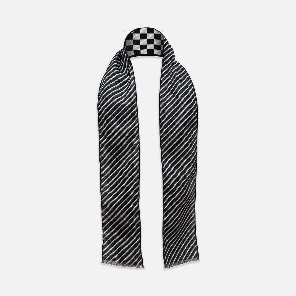Chequered Navy on Navy Frame Small Scarf in Silk