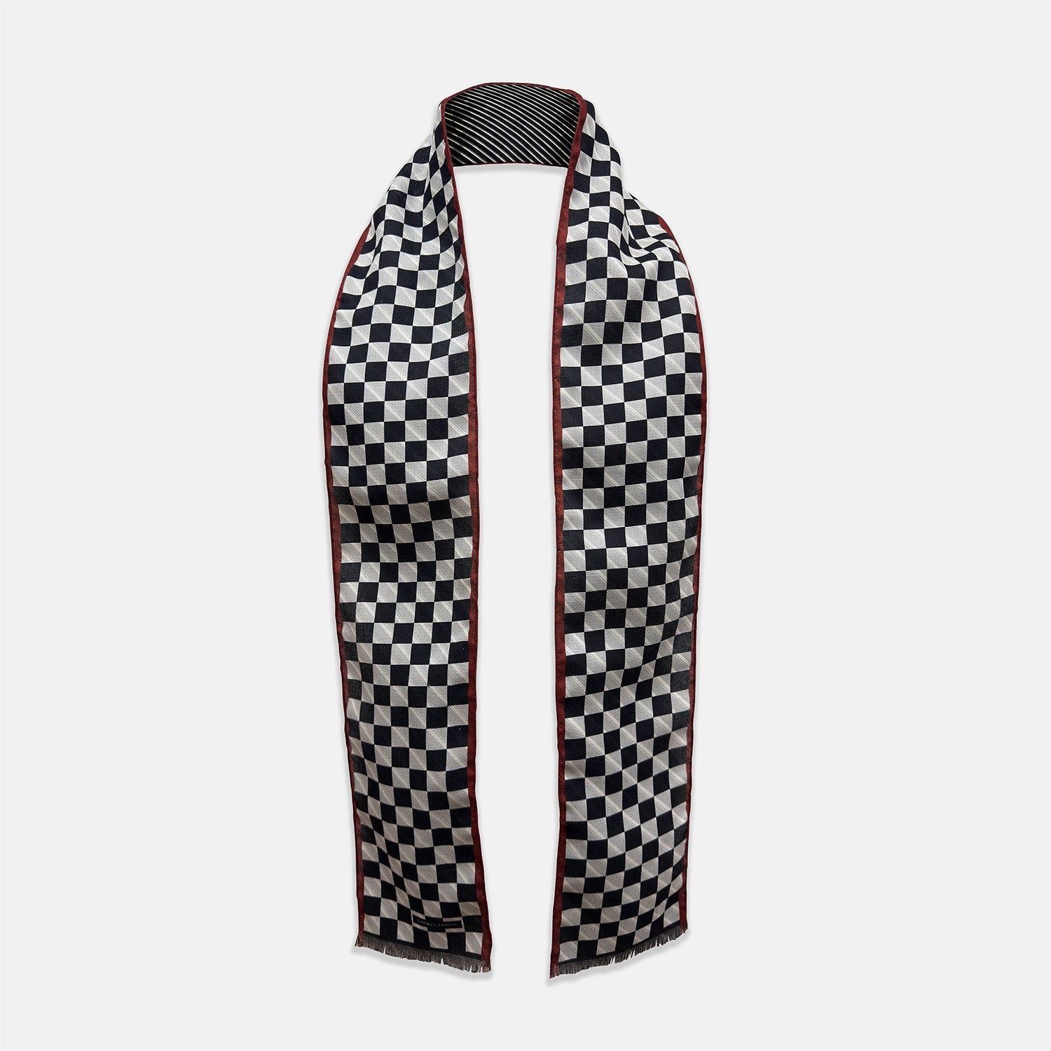 View 1 of product Chequered Navy on Red Frame Small Scarf in Silk