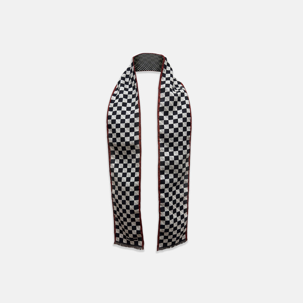 Chequered Navy on Red Frame Small Scarf in Silk