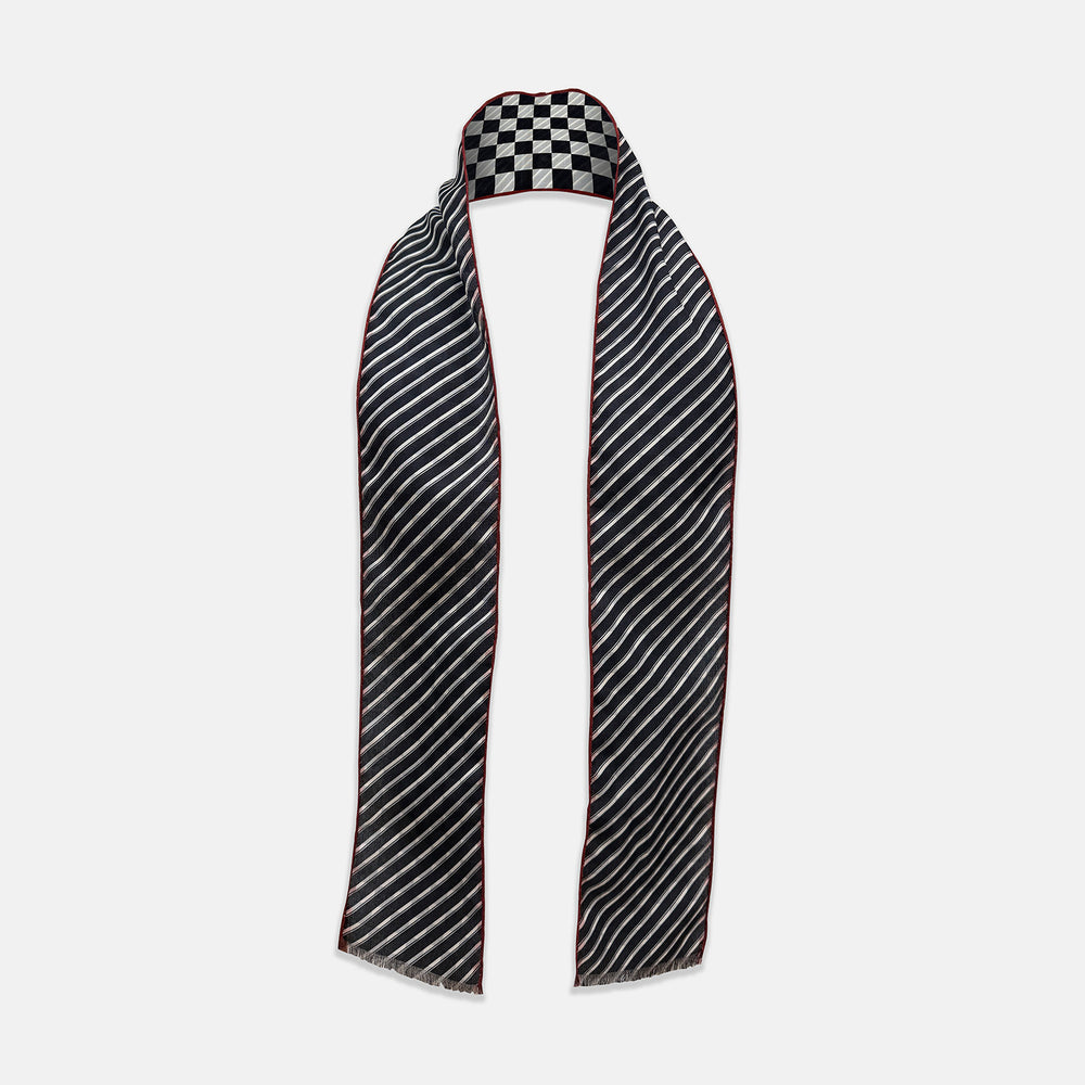 Chequered Navy on Red Frame Small Scarf in Silk