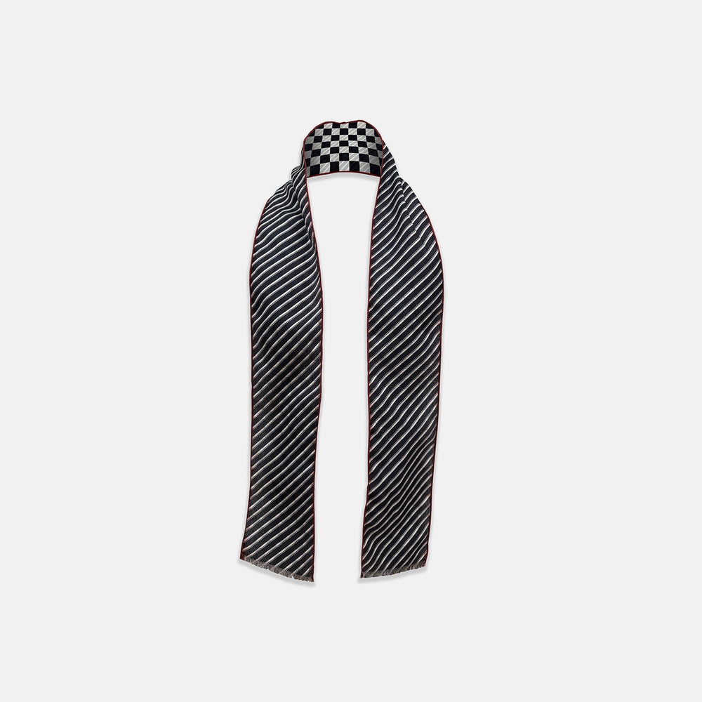 Chequered Navy on Red Frame Small Scarf in Silk