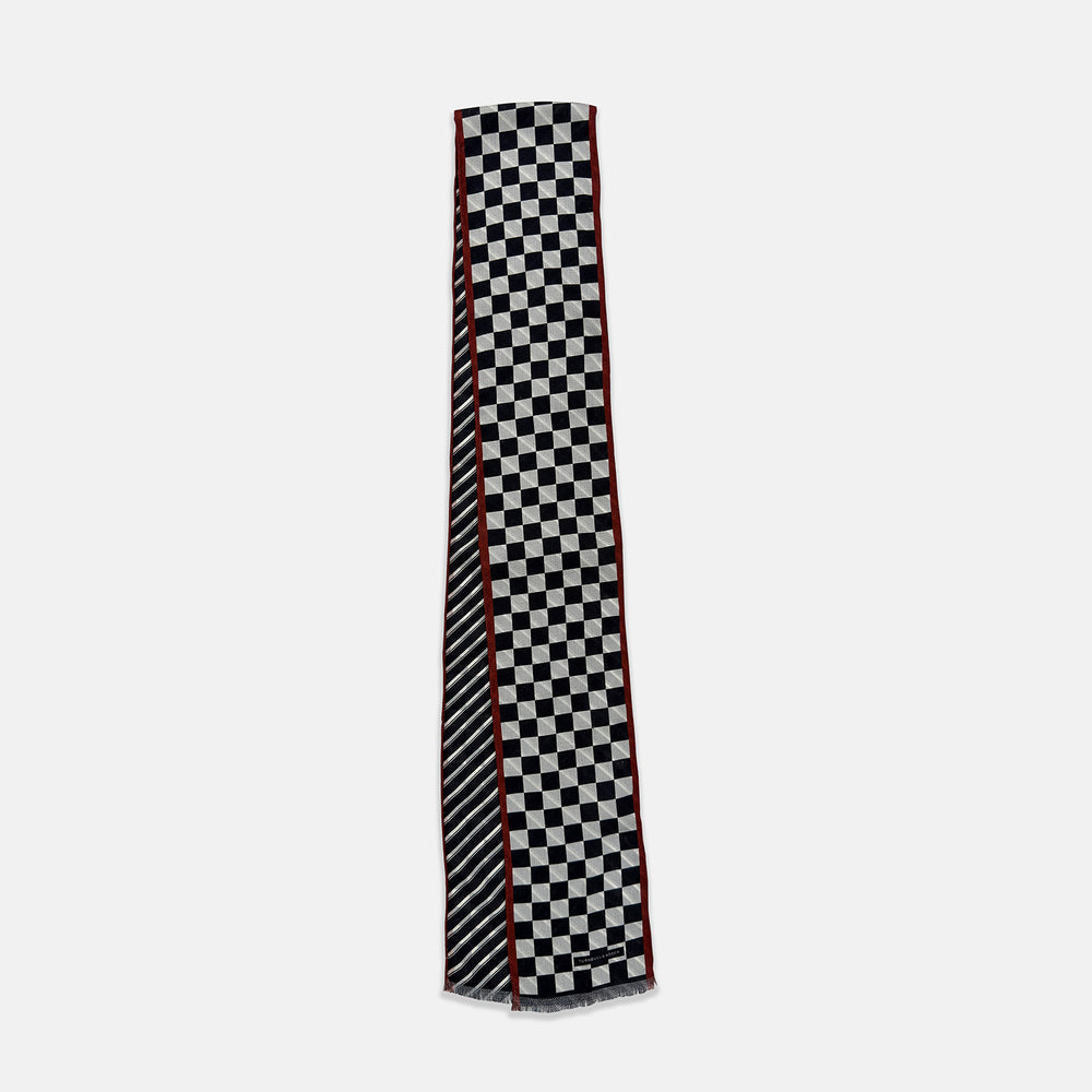 Chequered Navy on Red Frame Small Scarf in Silk