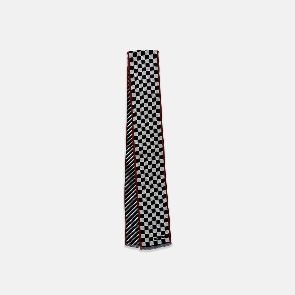 Chequered Navy on Red Frame Small Scarf in Silk