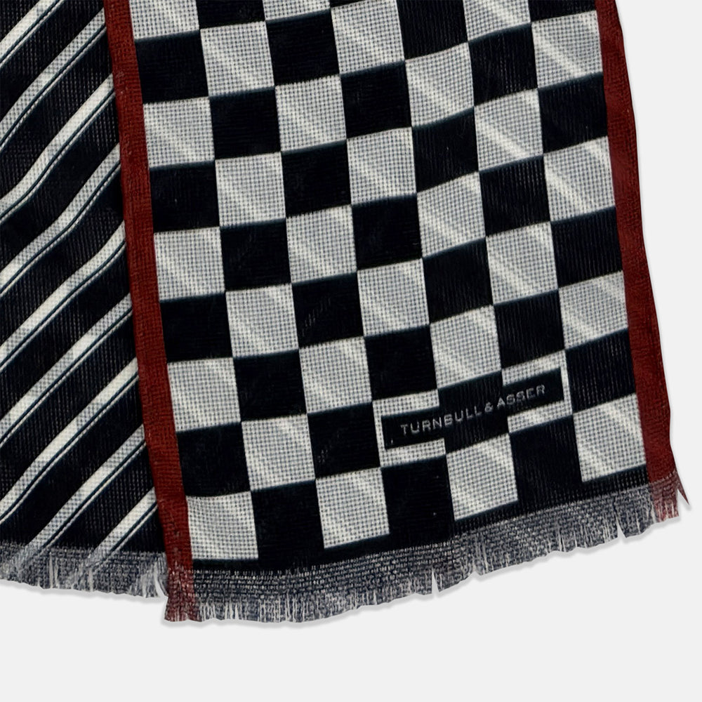 Chequered Navy on Red Frame Small Scarf in Silk