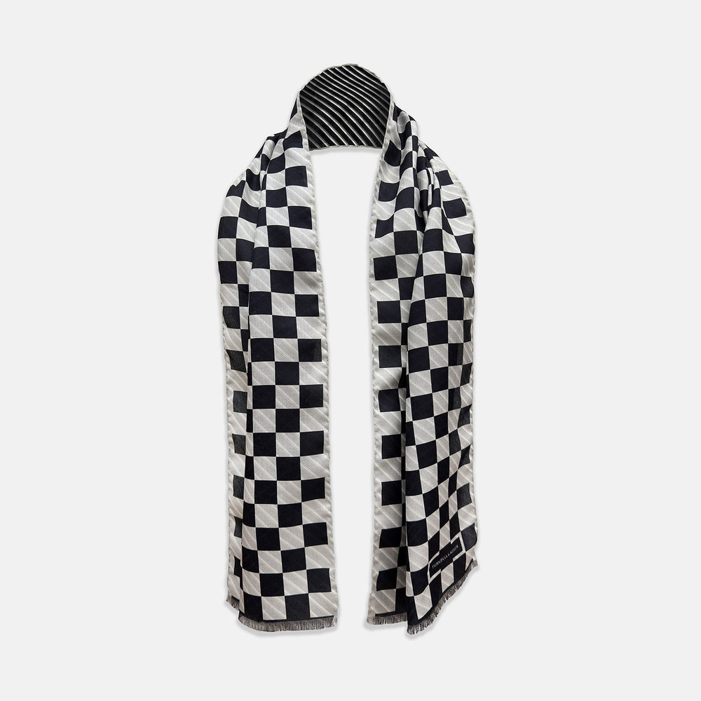 Chequered Navy on White Frame Large Scarf in Silk