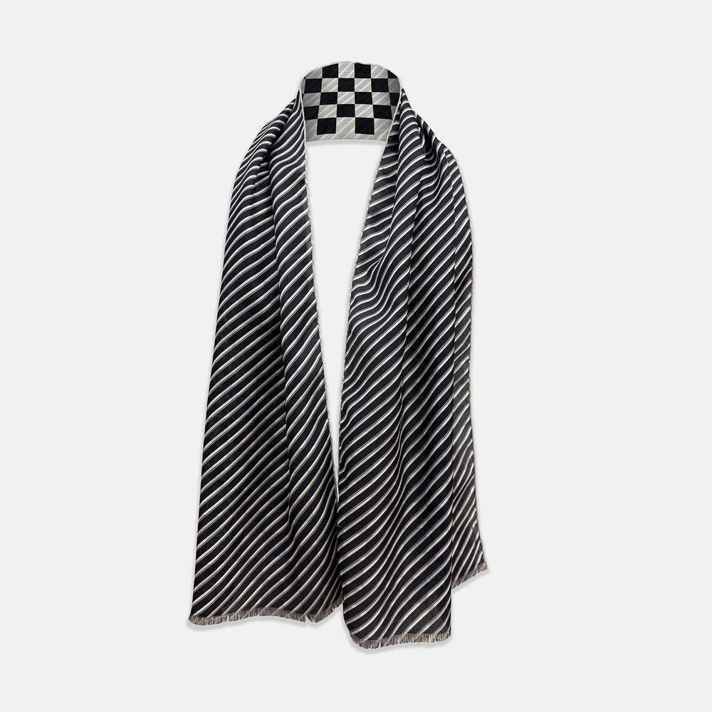 Chequered Navy on White Frame Large Scarf in Silk