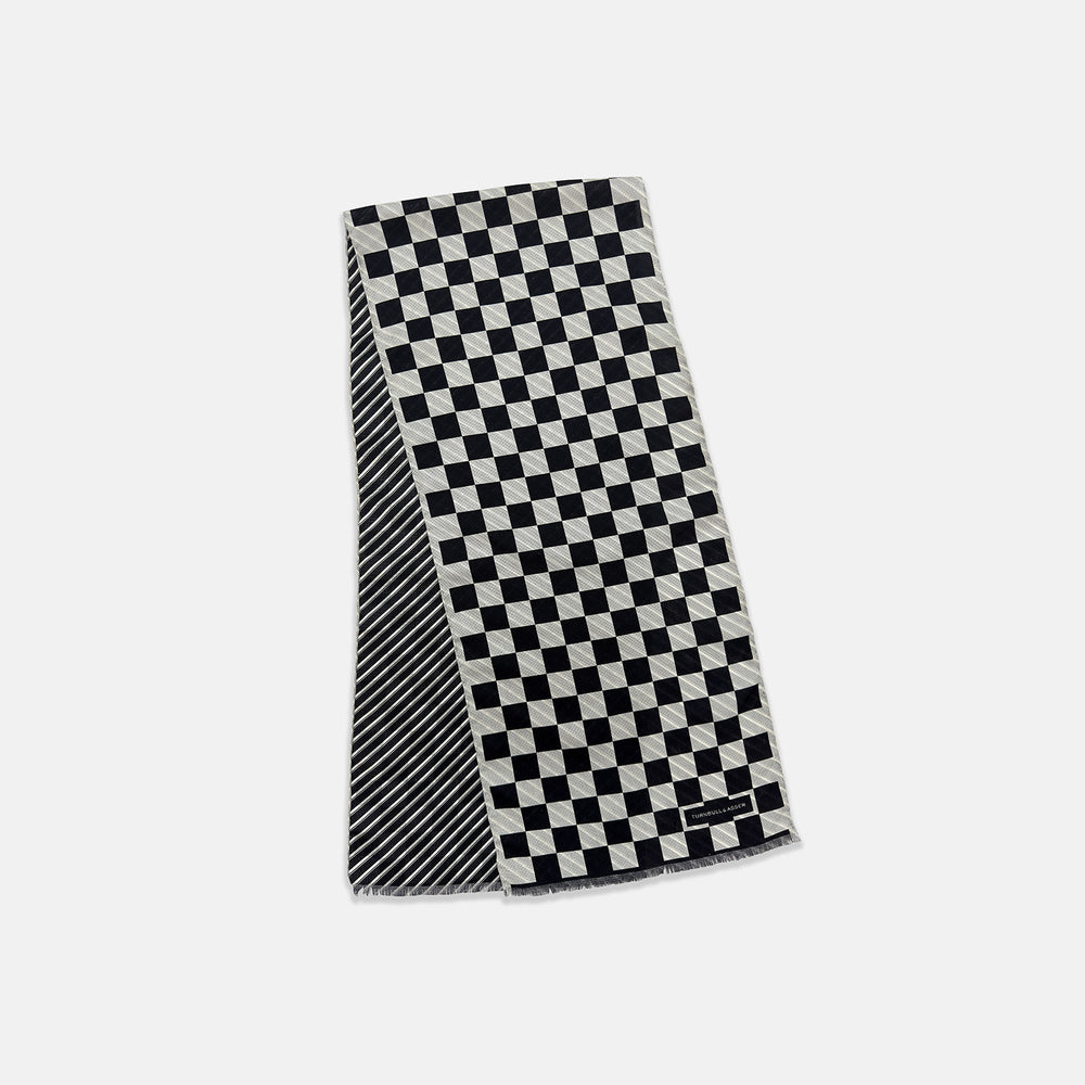 Chequered Navy on White Frame Large Scarf in Silk