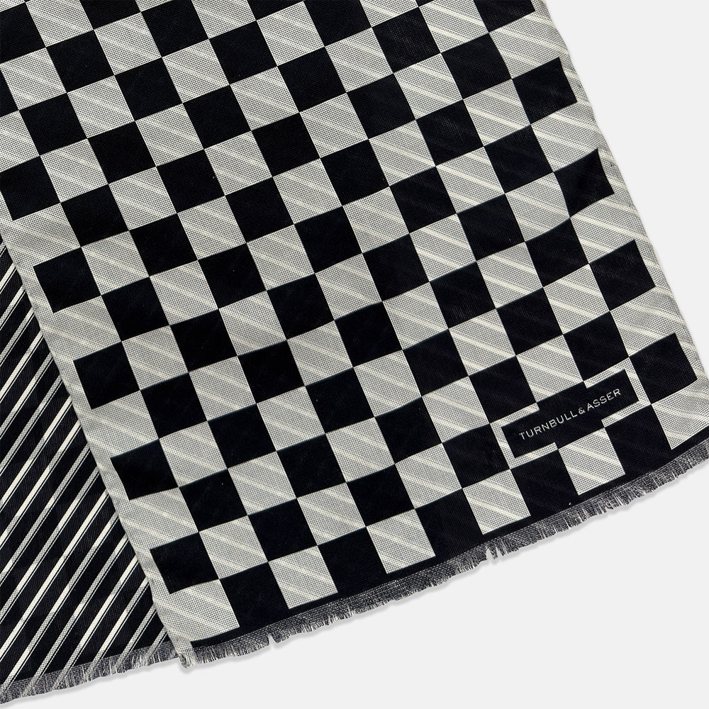 Chequered Navy on White Frame Large Scarf in Silk