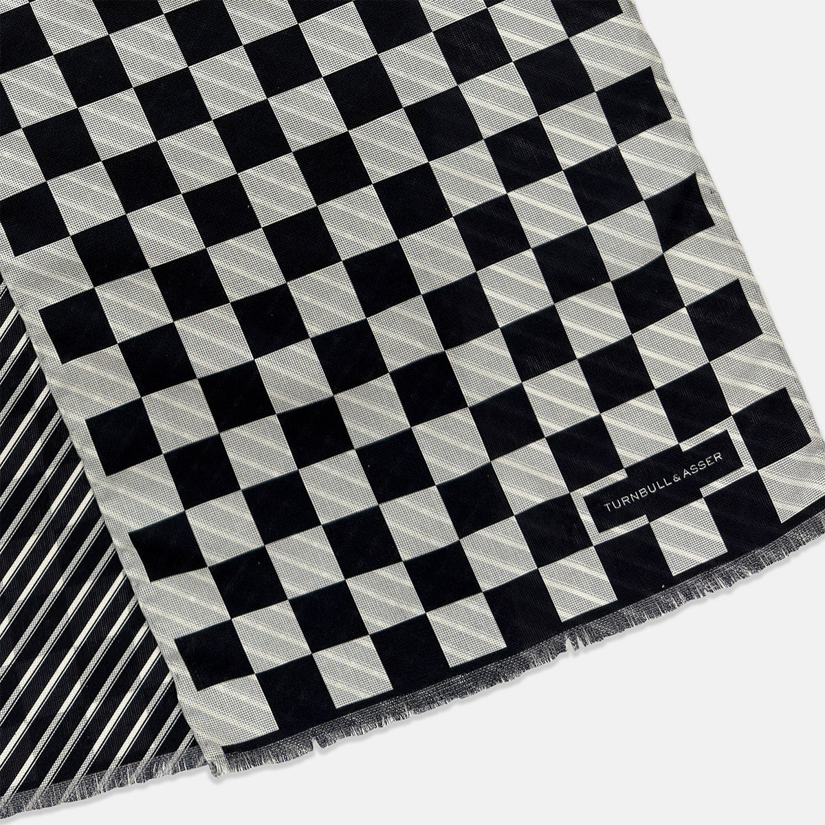 View 3 of product Chequered Navy on White Frame Large Scarf in Silk