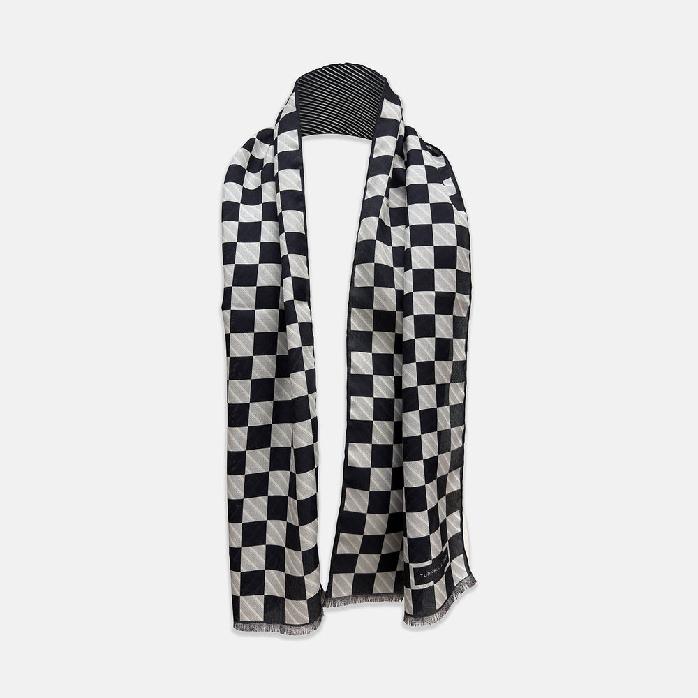 Chequered Navy on Navy Frame Large Scarf in Silk