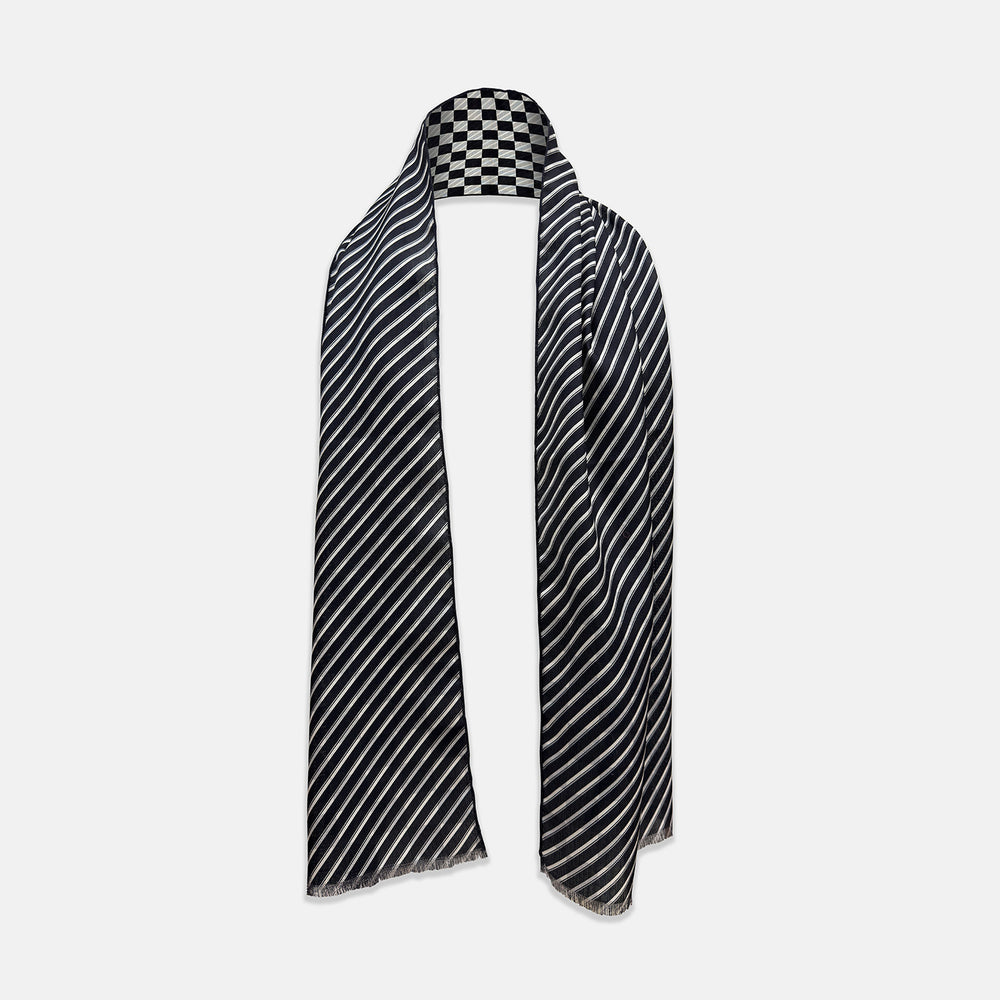 Chequered Navy on Navy Frame Large Scarf in Silk