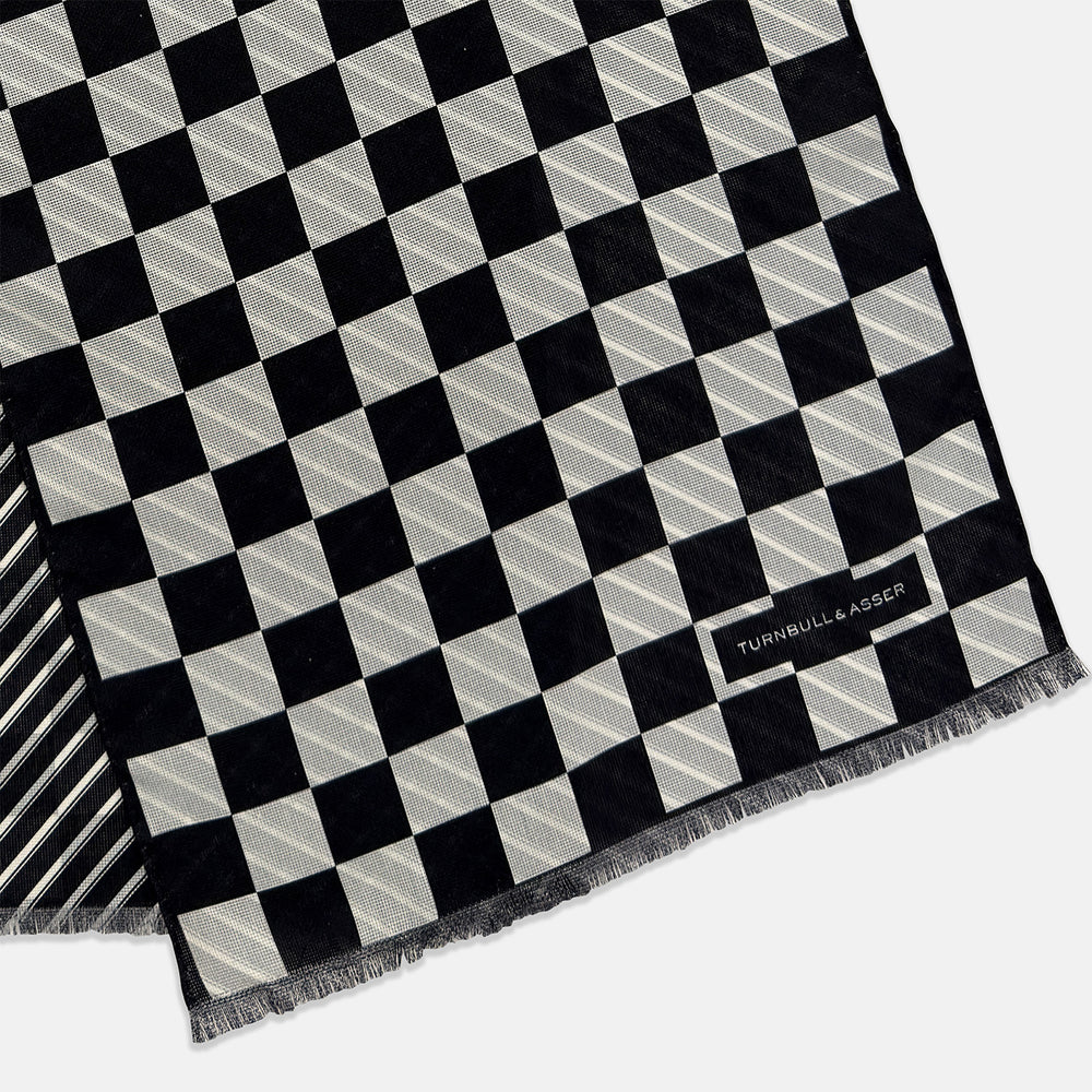 Chequered Navy on Navy Frame Large Scarf in Silk