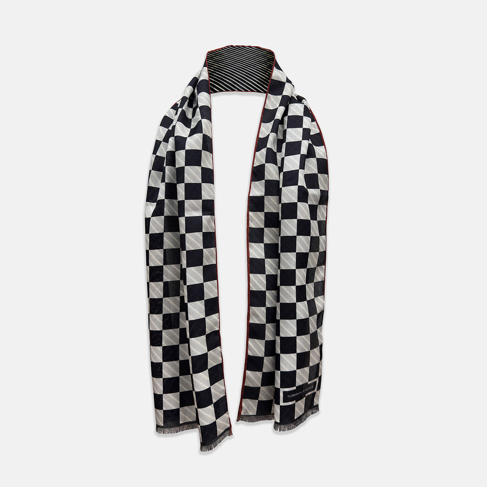 Chequered Navy on Red Frame Large Scarf in Silk