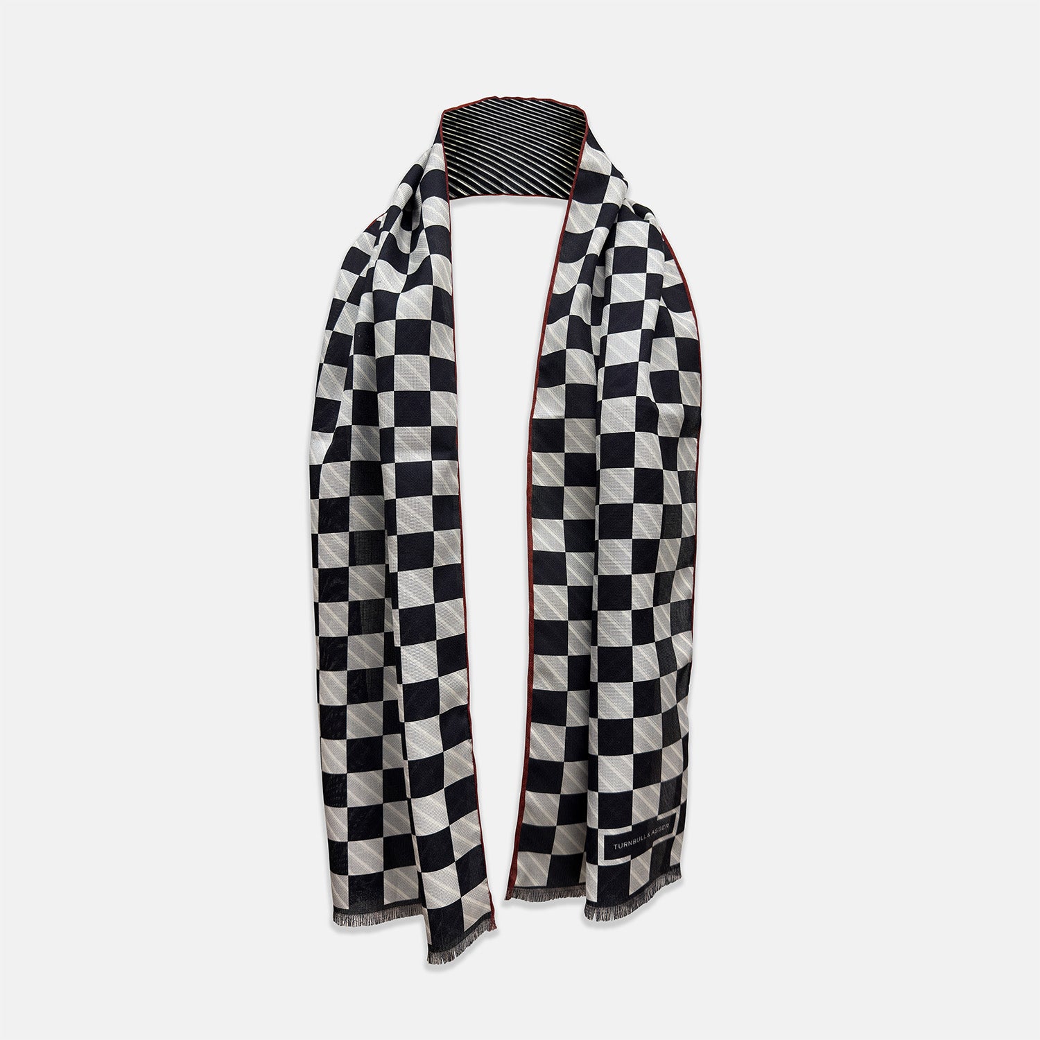 View 1 of product Chequered Navy on Red Frame Large Scarf in Silk