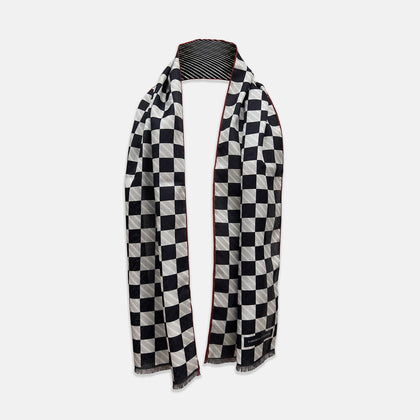 Chequered Navy on Red Frame Large Scarf in Silk