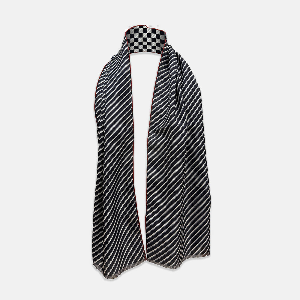 Chequered Navy on Red Frame Large Scarf in Silk