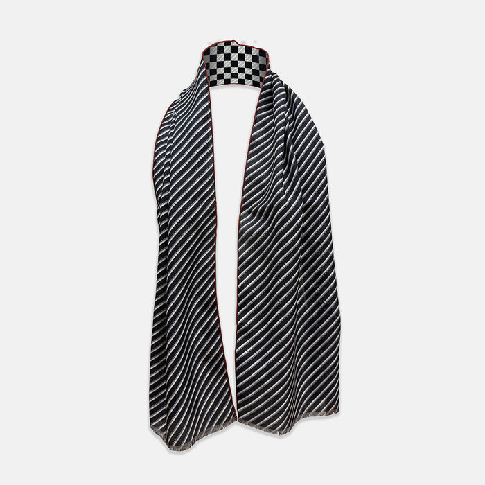 SILK SCARF CHEQUERED THIN STRIPE  RED WITH NVY/WHT Image 1