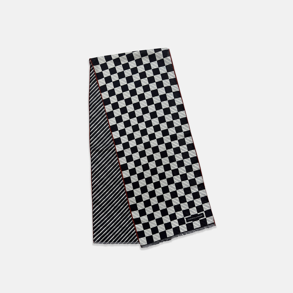 Chequered Navy on Red Frame Large Scarf in Silk