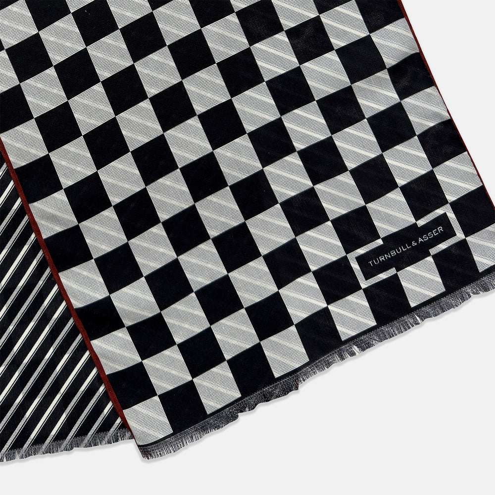 Chequered Navy on Red Frame Large Scarf in Silk