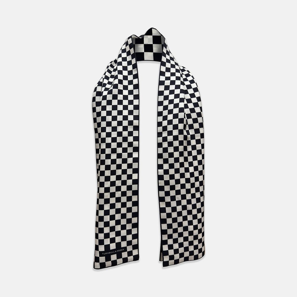 Chequered Navy & White Scarf in Silk