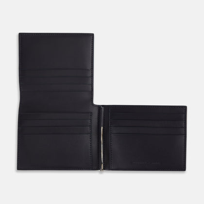 Navy Leather Trifold Card Holder with Metal Money Clip Image 2